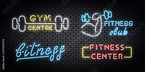 Vector set of realistic isolated neon sign of Gym and Fitness Center logo for decoration and covering on the wall background.
