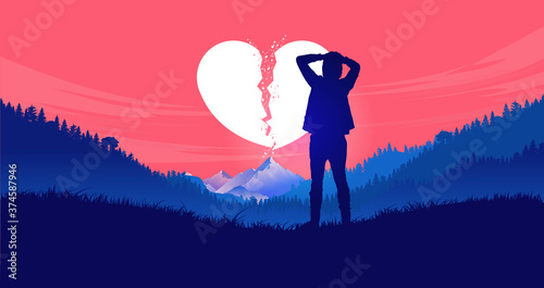 Heartbreak - Young man standing alone in nature with hands on head feeling frustrated, sad and betrayed. Broken heart, breakup and divorce concept. Vector illustration. photo