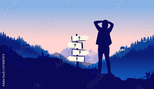 Youth life choices - Young male standing in front of directional sign wondering about life paths. Choose, pick a path and  the way forward concept. Vector illustration.