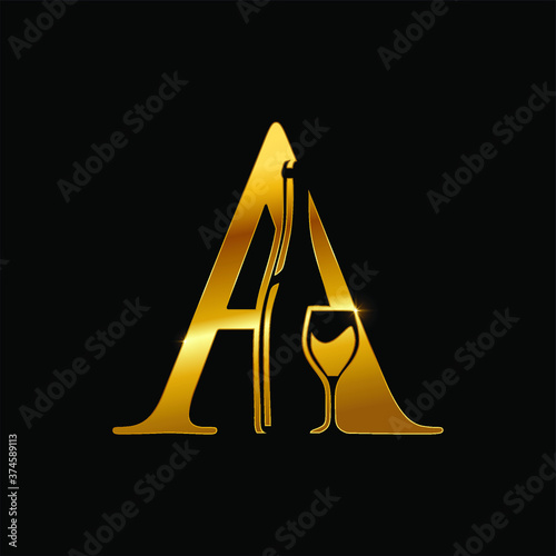Golden wine and bottle initial letter design