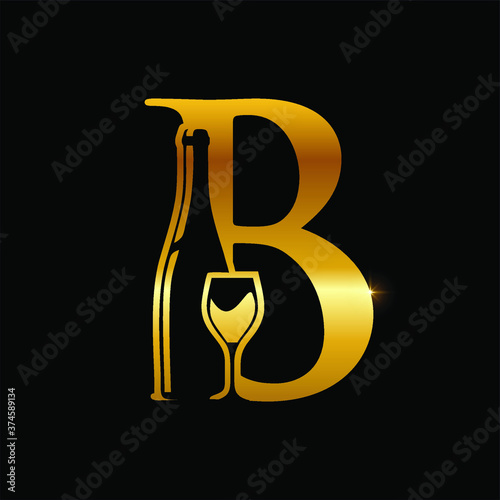 Golden wine and bottle initial letter design