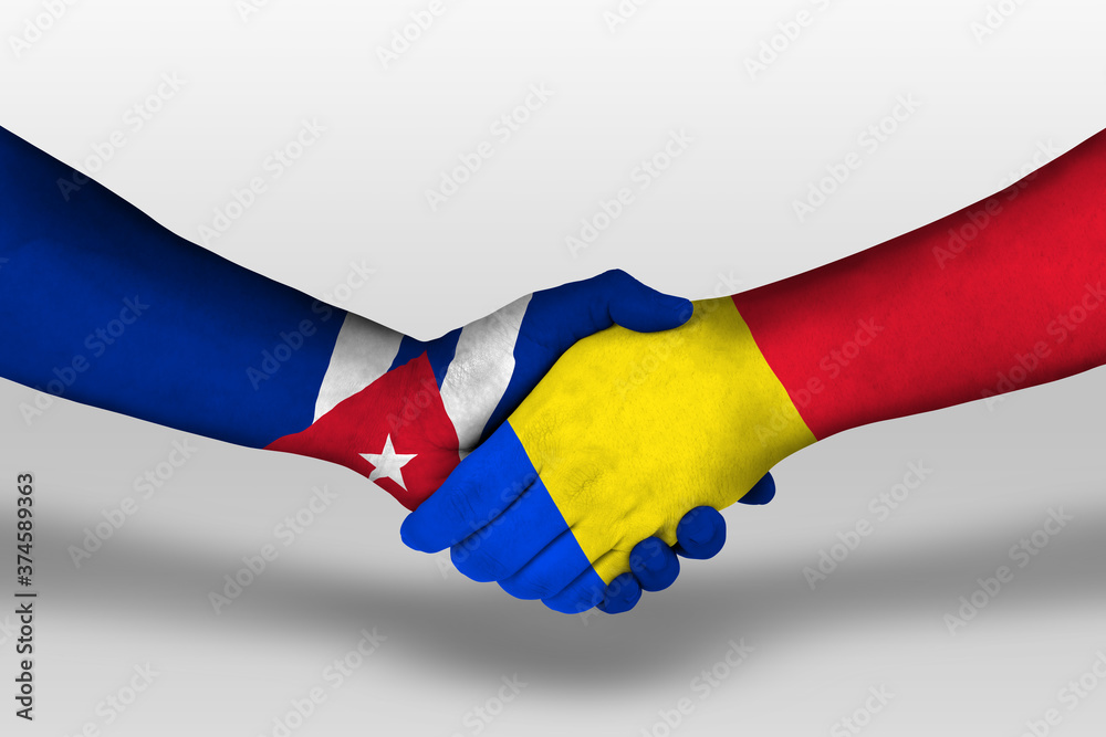 Handshake between romania and cuba flags painted on hands, illustration with clipping path. Handshake between romania and cuba flags painted on hands, illustration with clipping path.