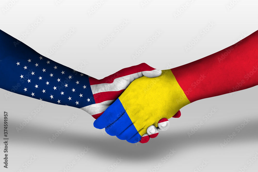 Handshake between romania and united states of america flags painted on hands, illustration with clipping path. Handshake between romania and united states of america flags painted on hands, illustration with clipping path.