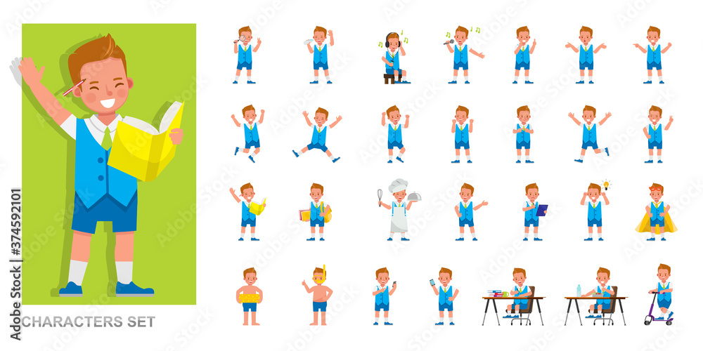 Set of kid character vector design. Boy wear blue suit and playing. Presentation in various action with emotions, running, standing and walking.