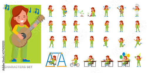 Set of kid character vector design. Girl wear green dungarees and playing. Presentation in various action with emotions, running, standing and walking.