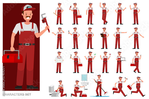 Set of Plumber Man character vector design. Presentation in various action with emotions, running, standing and walking.