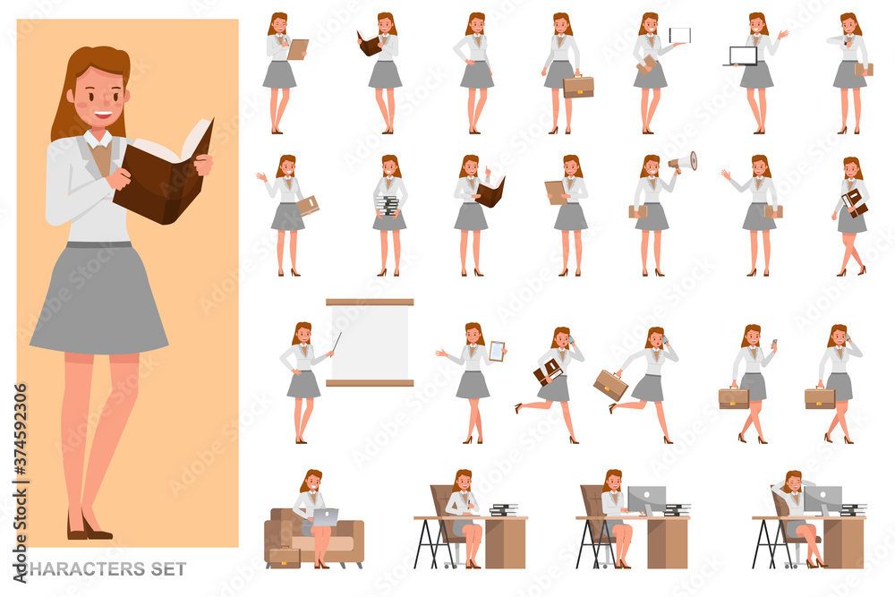 Set of Teacher woman people working character vector design. Presentation in various action with emotions, running, standing and walking.