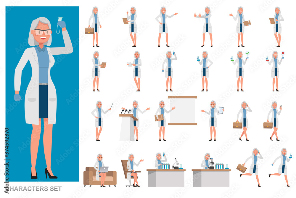 Set of Woman Scientist character vector design. Presentation in various action with emotions, running, standing and walking.