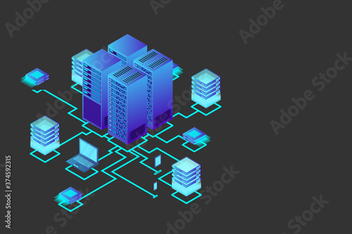 Concept of data network management .Vector isometric map with business networking servers computers and devices.Cloud storage data and synchronization of devices.3d isometric style