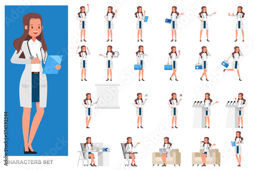 Set of Woman doctor working character vector design. Presentation in various action with emotions, running, standing and walking.