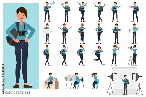 Set of Woman photographer character vector design. Presentation in various action with emotions, running, standing and walking.