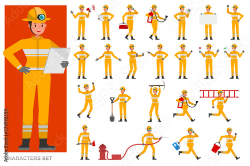 Set of Woman Firefighter character vector design. Presentation in various action with emotions, running, standing and walking.