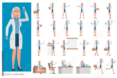 Set of Woman Scientist character vector design. Presentation in various action with emotions, running, standing and walking.