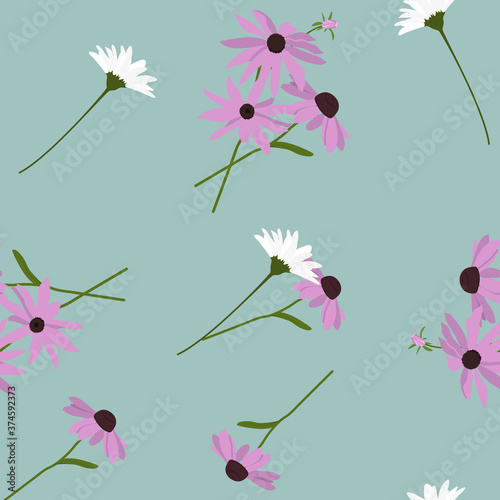 Seamless vector illustration with flowers of gerbera and chamomile .