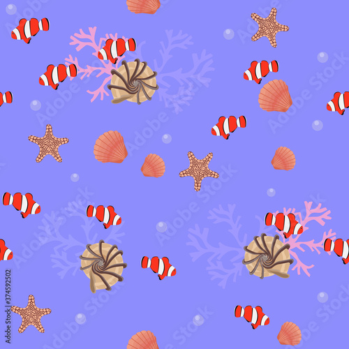 Seamless vector illustration. Underwater world with beautiful fish clown