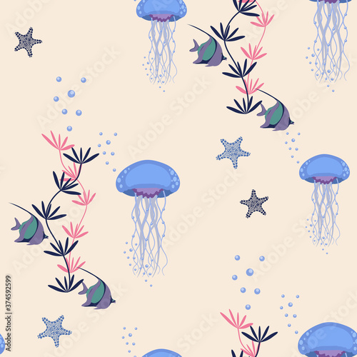 Seamless vector illustration with jellyfish and fish