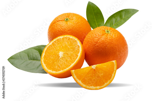 Orange sliced and leaves on white background with clipping path   Ripe orange fruits