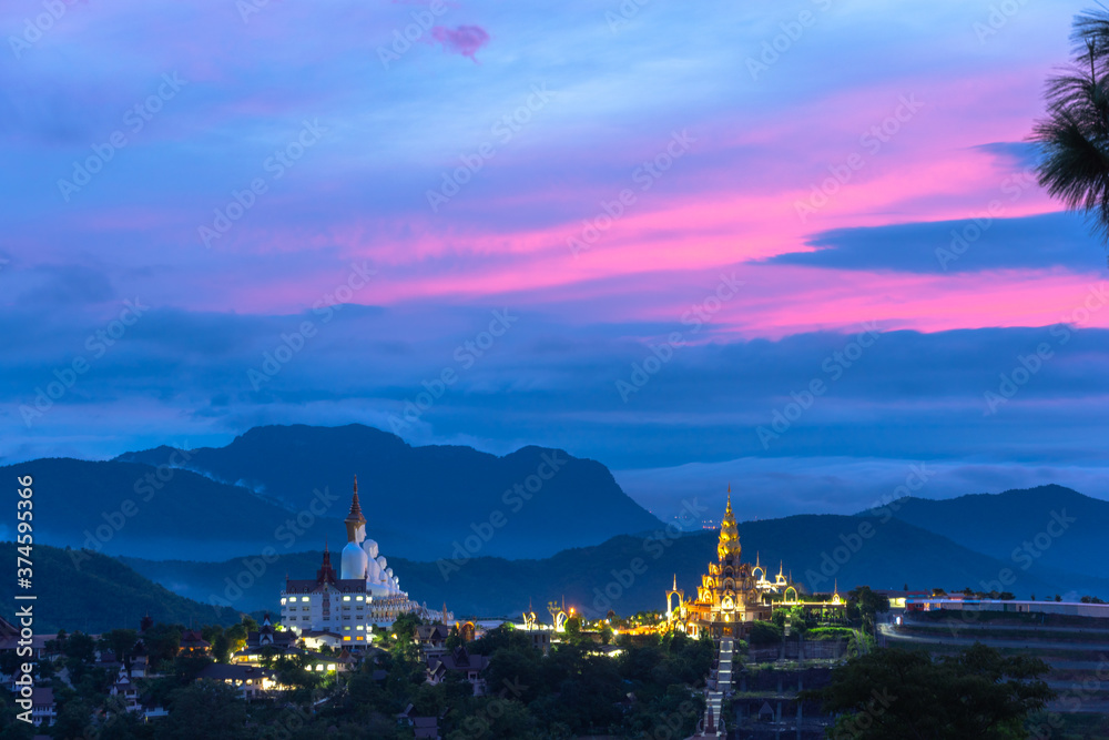 .sunrise above wat Phachonkeaw Khao Kho Phetchabun province Thailand..5 sitting buddha statues on Khao Kho hill the beautiful landmark and famous in Thailand...