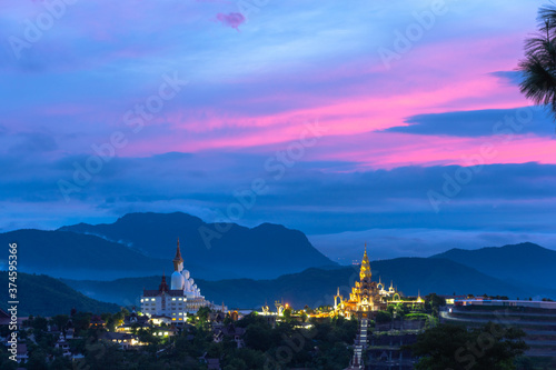 .sunrise above wat Phachonkeaw Khao Kho Phetchabun province Thailand..5 sitting buddha statues on Khao Kho hill the beautiful landmark and famous in Thailand... © Narong Niemhom