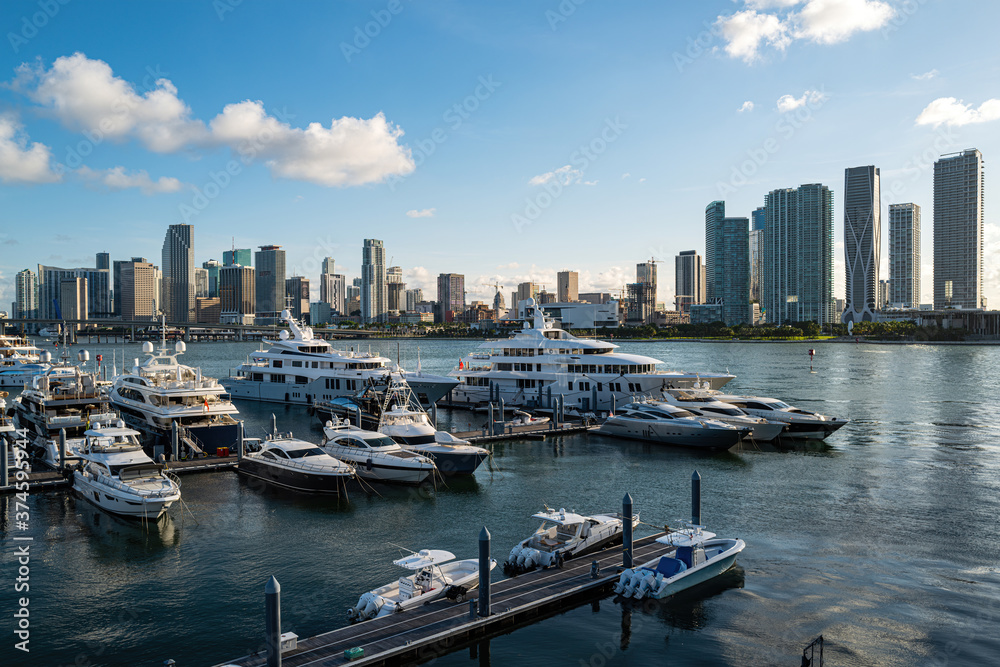 Beautiful seascape bay with luxury yachts. Miami life style.