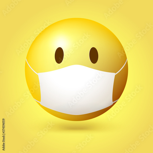 Yellow emoji emoticon with medical mask on face. Vector 3d illustration isolated on yellow background.