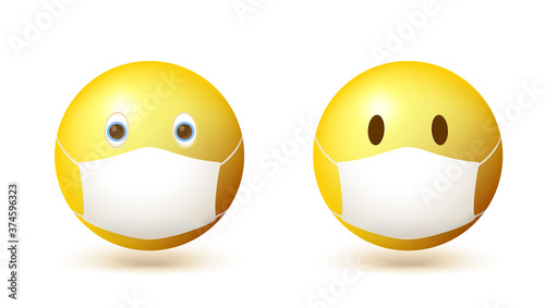Set of emoji emoticon with medical mask on face. Vector 3d illustration isolated on white background.