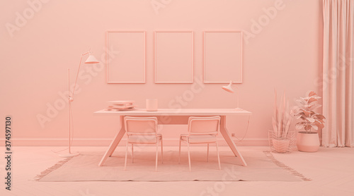 Fényképezés Interior room in plain monochrome pinkish orange color with furnitures and room accessories