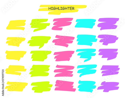 Highlight brush lines. Hand drawn yellow highlighter pen stroke line for word underline.