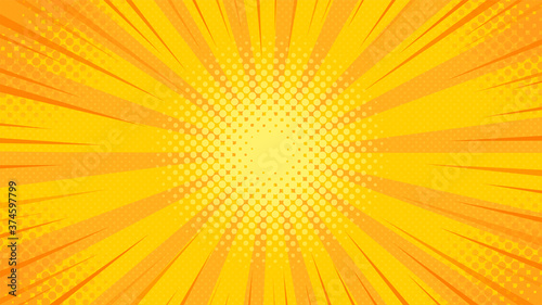 Pop art background with yellow light scattered from the center in cartoon style.