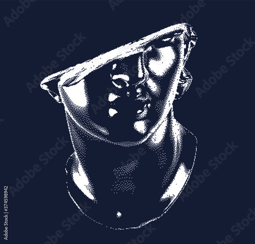 Fragmentary marble of plaster bust in bitmap pixel art style. Vaporwave and cyberpunk aesthetics from the 80s like in old video games.