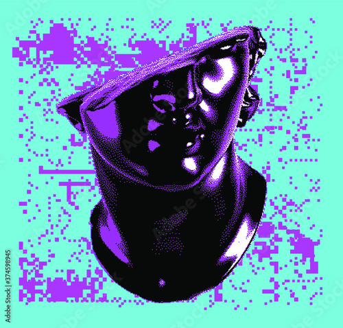 Fragmentary marble of plaster bust in bitmap pixel art style. Vaporwave and cyberpunk aesthetics from the 80s like in old video games.