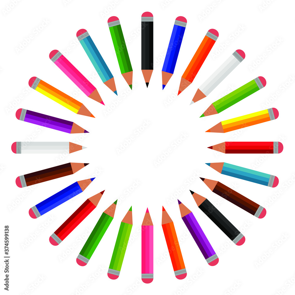 Circle of 24 colored pencils in the shape of a sun. Twelve colors bright crayons frame, flat cartoon design. Writing implement, school supplies. Isolated on white background. Vector illustration Circle of 24 colored pencils in the shape of a sun. Twelve colors bright crayons frame, flat cartoon design. Writing implement, school supplies. Isolated on white background. Vector illustration