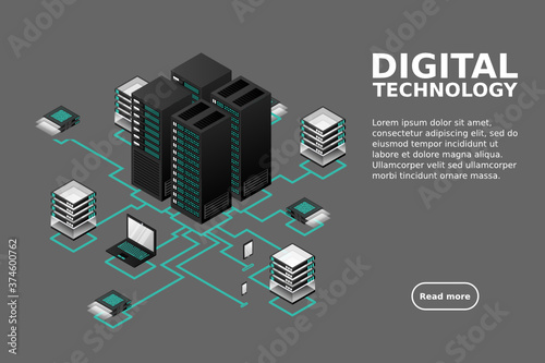 Concept of data network management .Vector isometric map with business networking servers computers and devices.Cloud storage data and synchronization of devices.3d isometric style