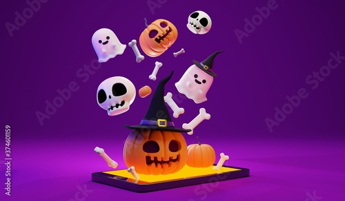 3D rendering concept of a Mobile phone with Halloween pumpkin head wearing witch hat , a cute skull and a ghost decoration on dark purple color background