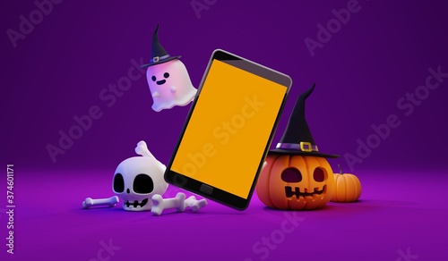 3D rendering concept of a Mobile phone with Halloween pumpkin head wearing witch hat , a cute skull and a ghost decoration on dark purple color background
