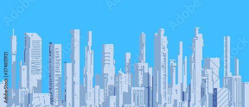 Urban landscape with high skyscrapers. Pixel art style. Isolated abstract vector illustrations. 8-bit sprite.