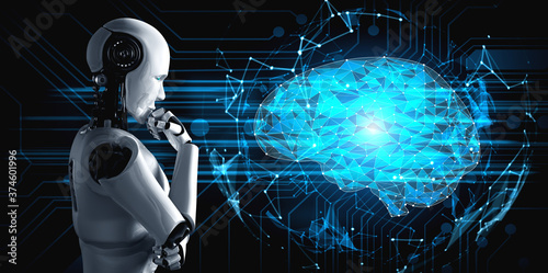 Thinking AI humanoid robot analyzing hologram screen showing concept of AI brain and artificial intelligence thinking by machine learning process. 3D illustration. photo