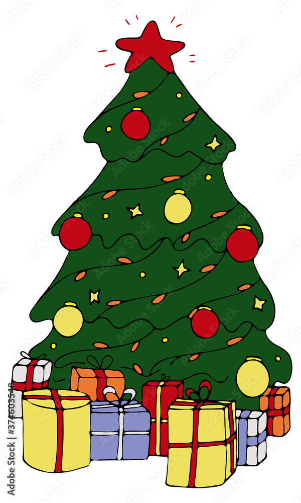 beautiful christmas tree with decorations, garlands and a mountain of gifts, cute winter doodles, vector set of elements in doodle style beautiful christmas tree with decorations, garlands and a mountain of gifts, cute winter doodles, vector set of elements in doodle style