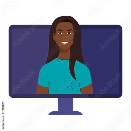 black woman cartoon in computer design, Girl female person people human and social media theme Vector illustration