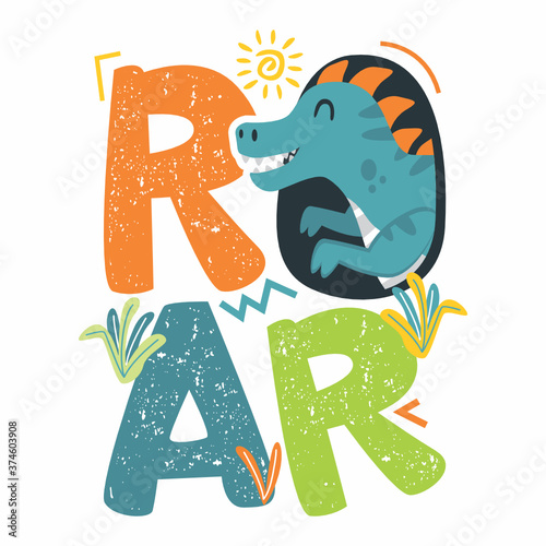 Cute dinosaur design vector with roar typography illustration