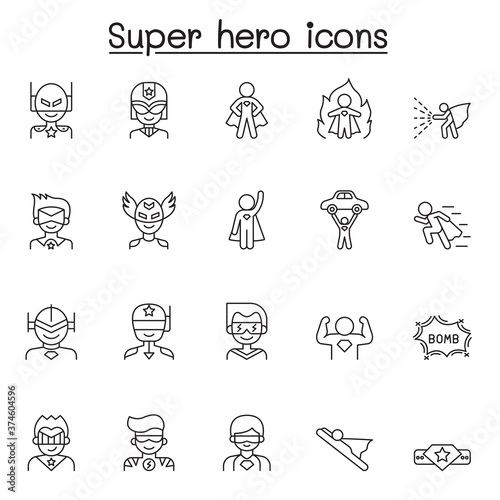 Set of Super hero Related Vector Line Icons. Contains such Icons as mask, costume, power, action, weapon and more.