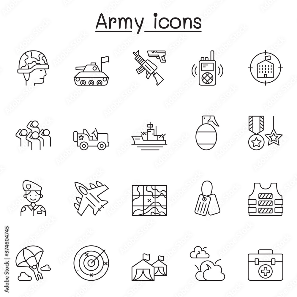 Set of Army Related Vector Line Icons. Contains such Icons as soldier ...