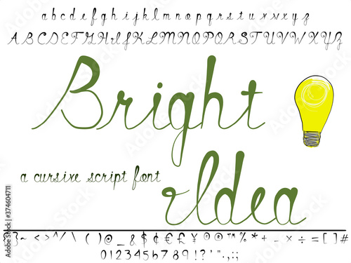 Hand drawn cursive, script font. Bright Idea typeface has beautiful letters that taper at the bottom. Characters link together perfectly like handwriting.