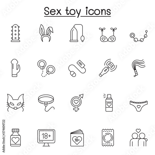 Set of Sex toys Related Vector Line Icons. Contains such Icons as cosplay, condom, beads, vibrator, masturbation, dildo, handcuff, whip and more.