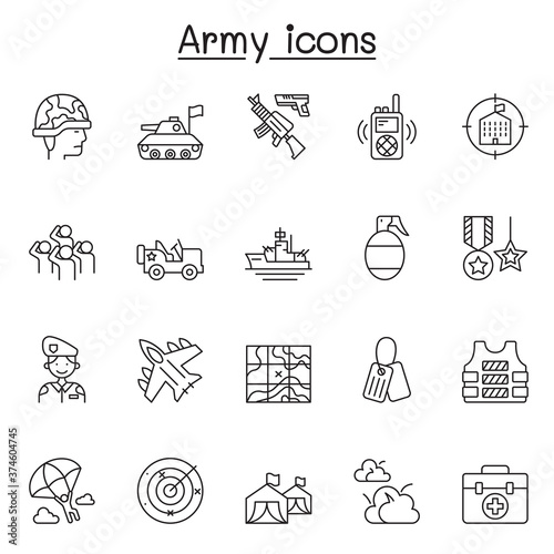 Set of Army Related Vector Line Icons. Contains such Icons as soldier, tank, battleship, jet plane, war, attack, invade, bomb, rifle, radar and more.