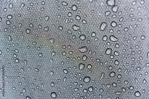 Close-up shot of water droplets on the tent. Macro photography. Camping in spring, summer and autumn. Background with space for text.