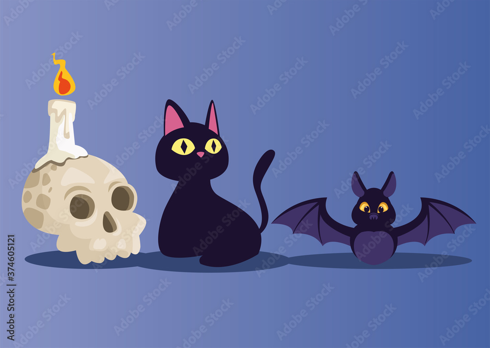 Halloween skull candle cat and bat cartoons vector design Halloween skull candle cat and bat cartoons vector design