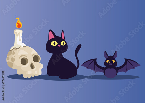 Fototapeta Naklejka Na Ścianę i Meble -  Halloween skull candle cat and bat cartoons vector design