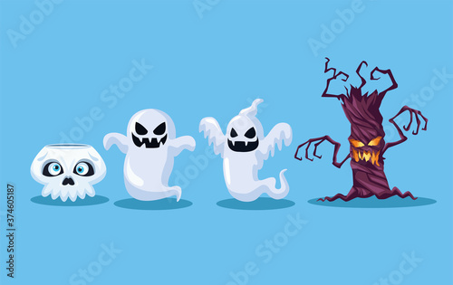 Halloween skull ghosts and tree cartoons vector design