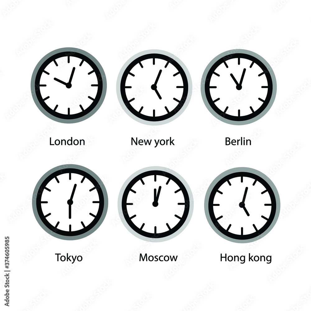 Vector illustration Time zone clocks, time zones day and night clock